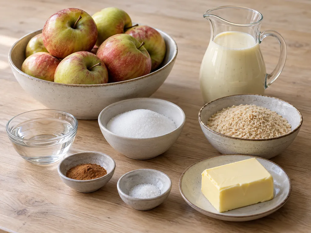 Äpplen, ströbröd, smör, socker, kanel, salt, vatten och vaniljsås