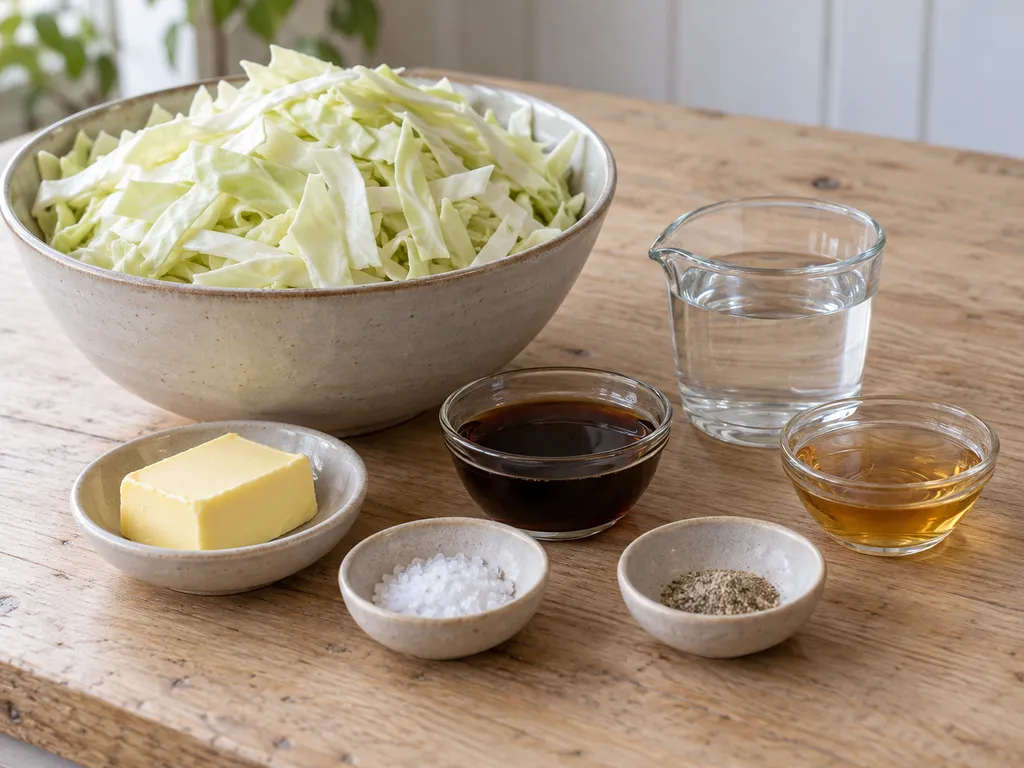 Vitkål, smör, mörk sirap, vatten, salt, vitpeppar och äppelcidervinäger
