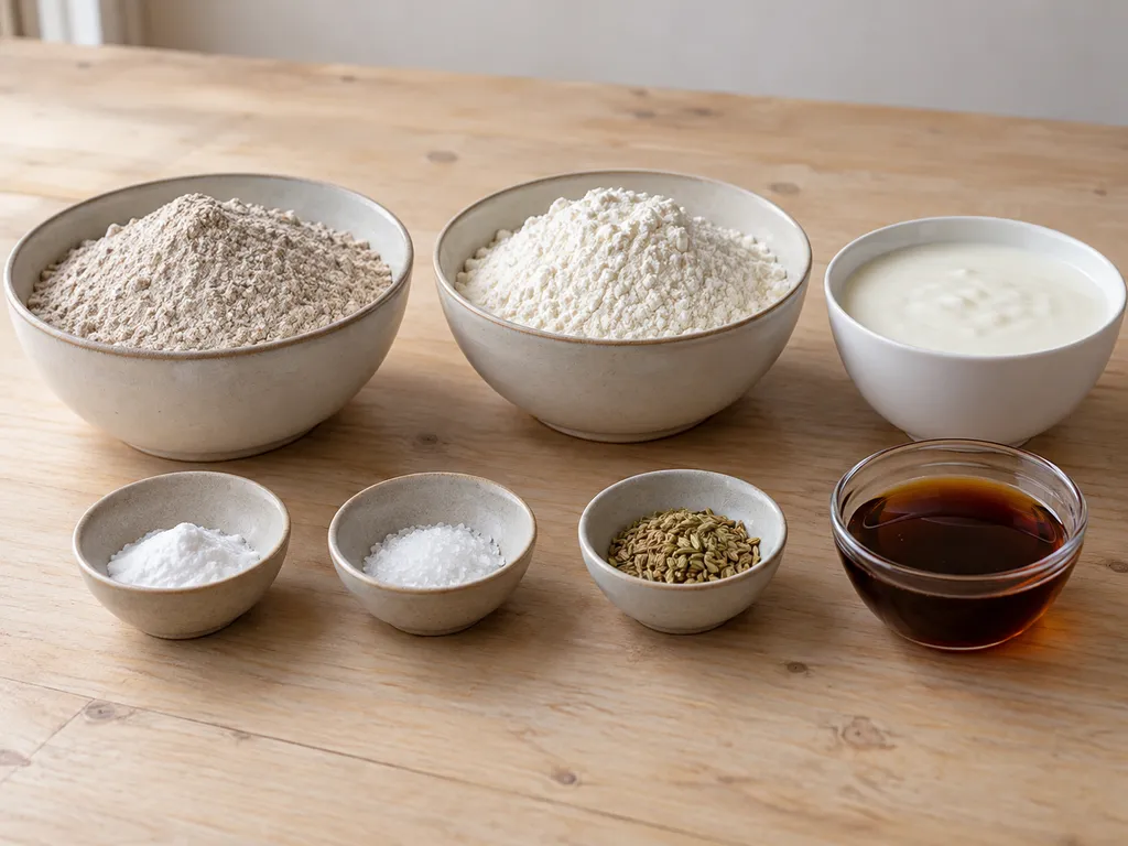 Rågmjöl, vetemjöl, bikarbonat, salt, fänkål, filmjölk och mörk sirap till kavring