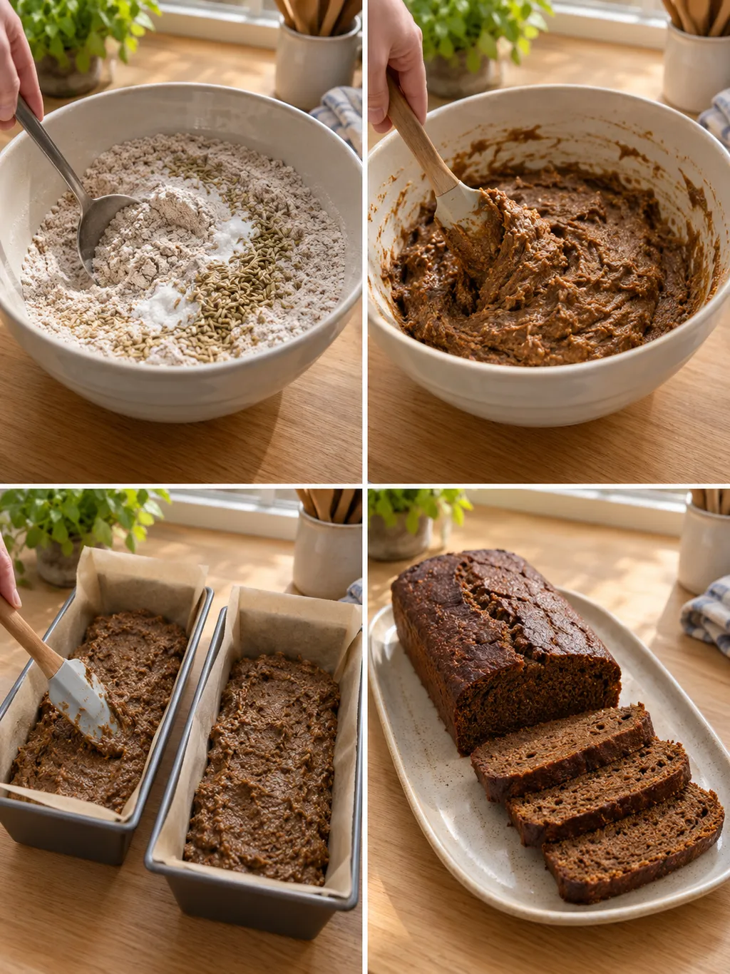 Kavringens torra ingredienser blandas, smeten rörs och formarna fylls före färdigt bröd
