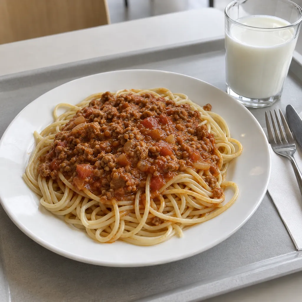 Spagetti med köttfärssås på en enkel matsalsbricka med bestick och ett glas mjölk.
