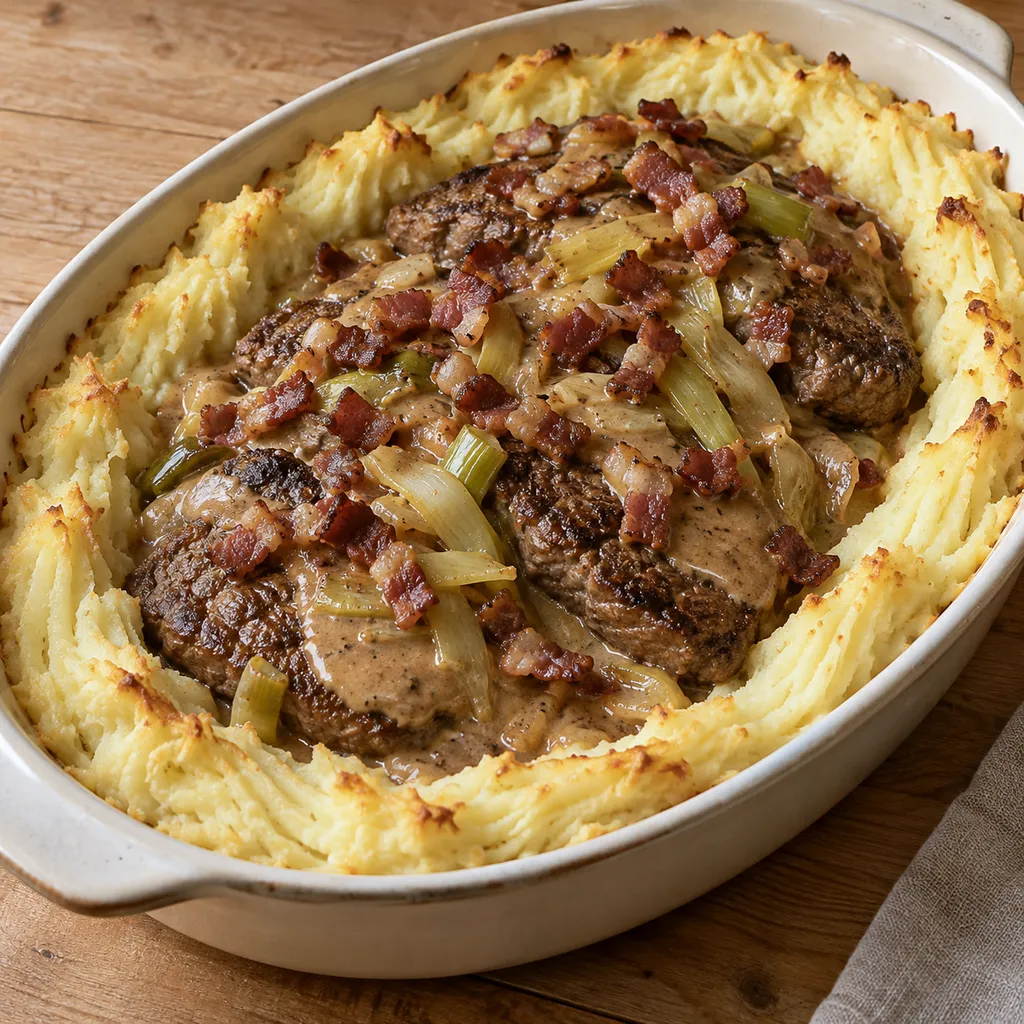 Skomakarlåda med ryggbiff, bacon, purjolök och gyllene potatismoskant