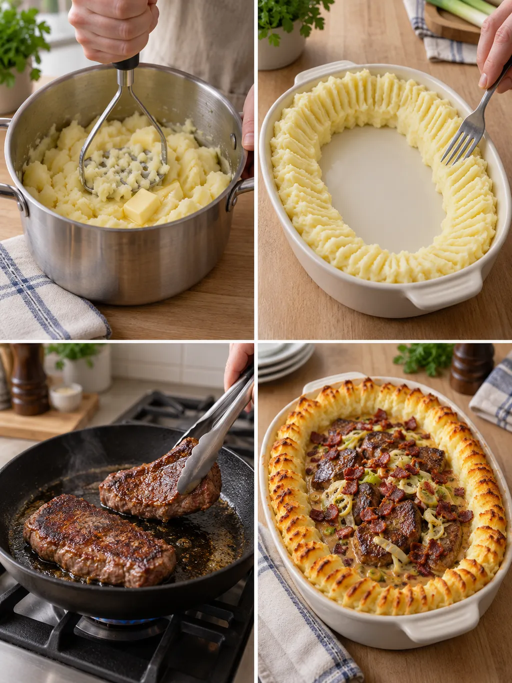 Potatis mosas, moskanten formas och biffen steks före servering av skomakarlådan