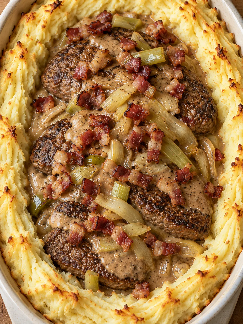 Skomakarlåda med bacon och purjolök innanför en gratinerad potatismoskant