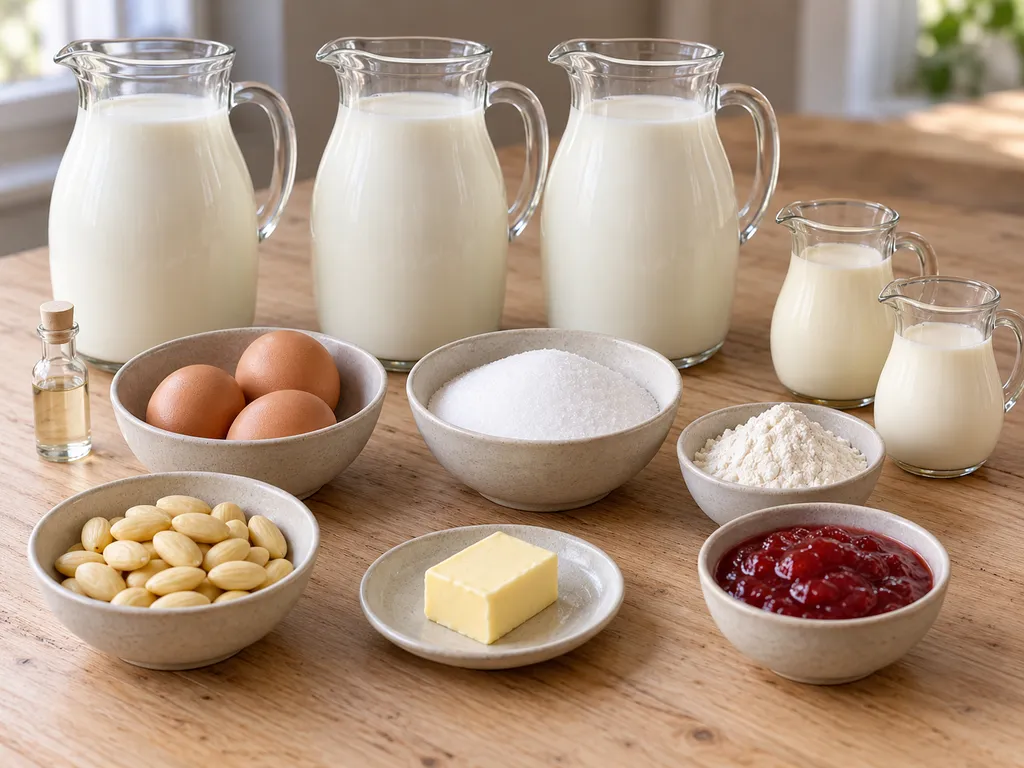 Mjölk, löpe, ägg, socker, mjöl, mandel, smör, grädde och jordgubbssylt