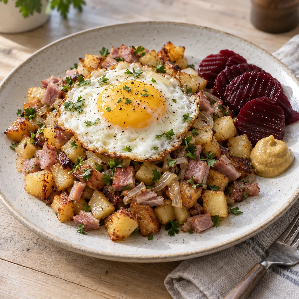 Julpytt med skinka, gyllene potatis, stekt ägg, persilja och inlagda rödbetor