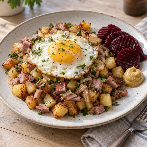 Julpytt med skinka, gyllene potatis, stekt ägg, persilja och inlagda rödbetor