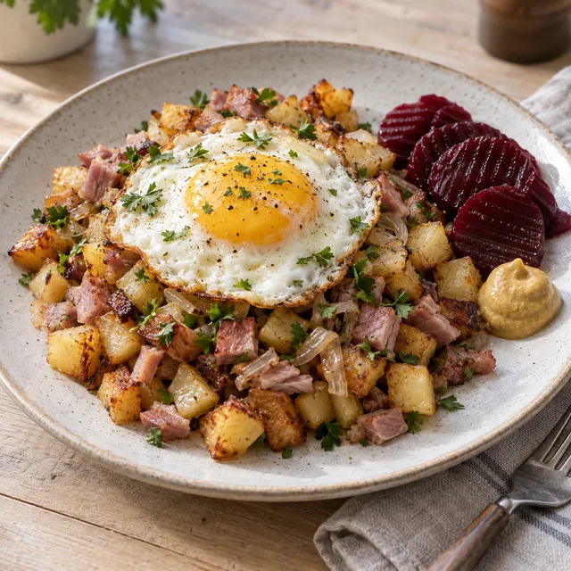 Julpytt med skinka, gyllene potatis, stekt ägg, persilja och inlagda rödbetor