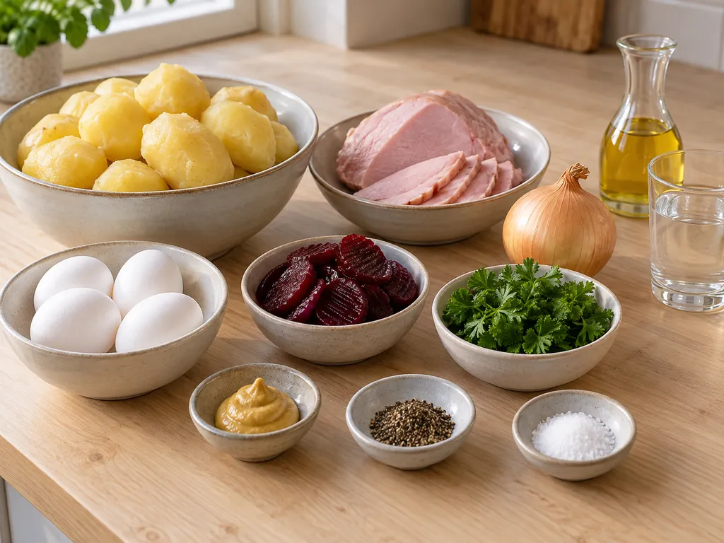 Potatis, julskinka, lök, fyra ägg och tillbehör till julpytt