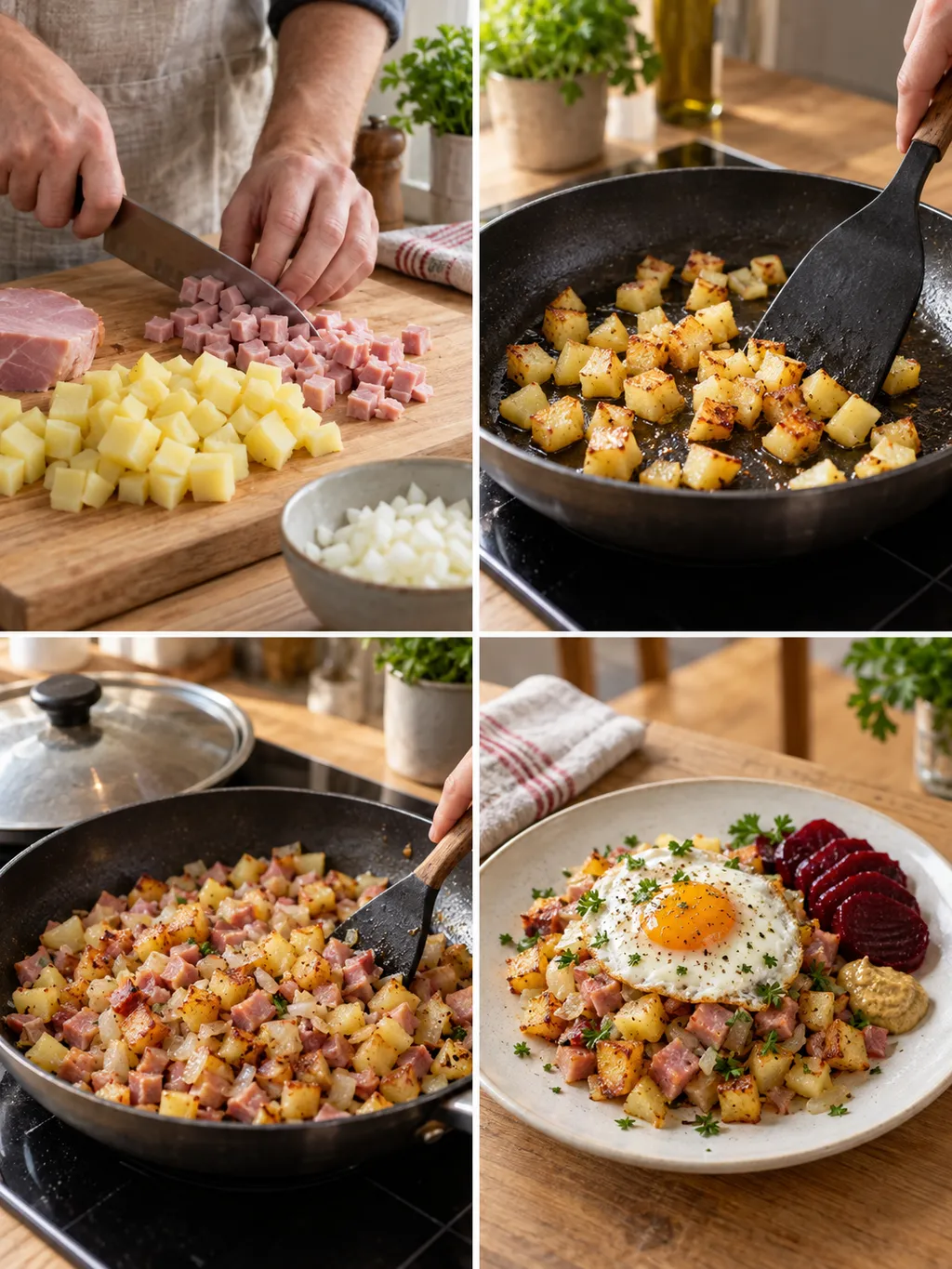 Tillagning av julpytt från tärnad potatis och skinka till färdig portion med ägg