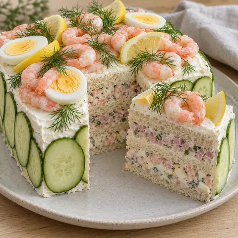 Smörgåstårta med räkor, ägg och dill samt en utskuren bit som visar skinkfyllningen