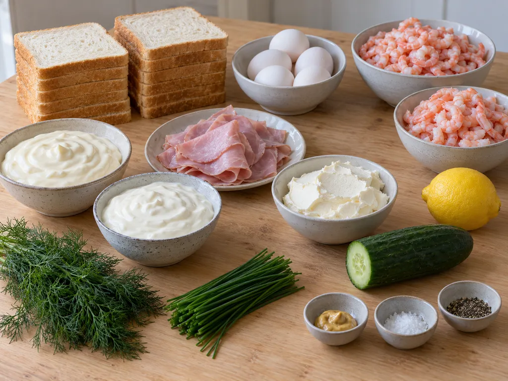 Bröd, räkor, skinka, sex ägg och övriga råvaror till smörgåstårta