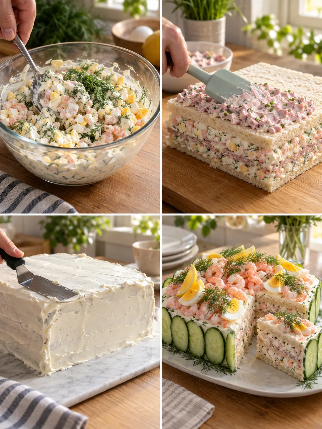 Räkröra blandas, skinklagret breds ut och smörgåstårtan täcks och garneras
