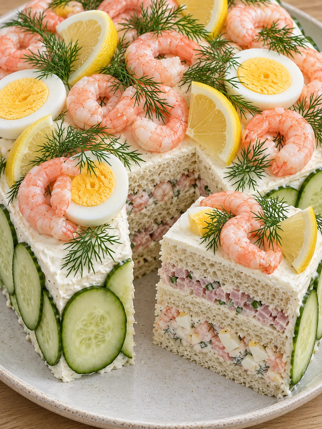 Smörgåstårta med rosa räkor, äggskivor, gurka, citron och dill