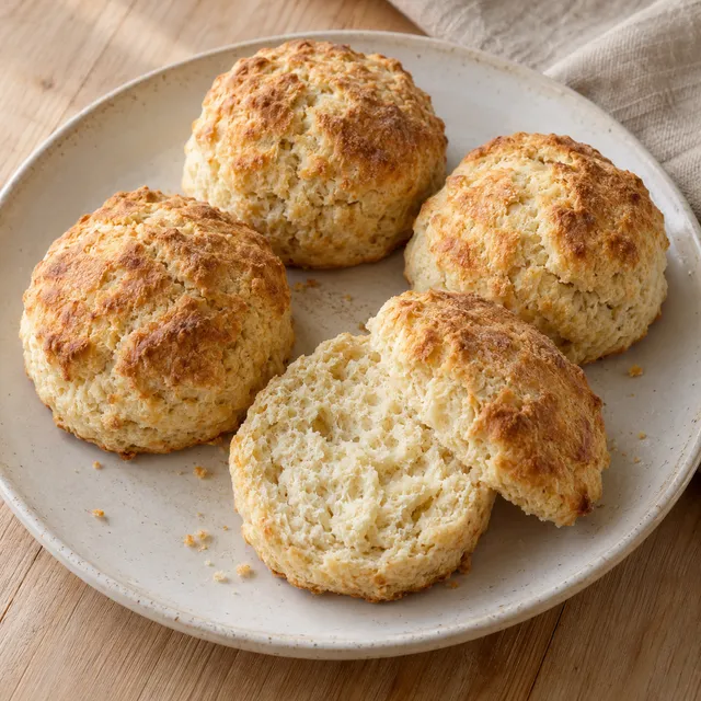 Små gyllene scones på ett keramikfat med ett delat bröd som visar det mjuka inkråmet