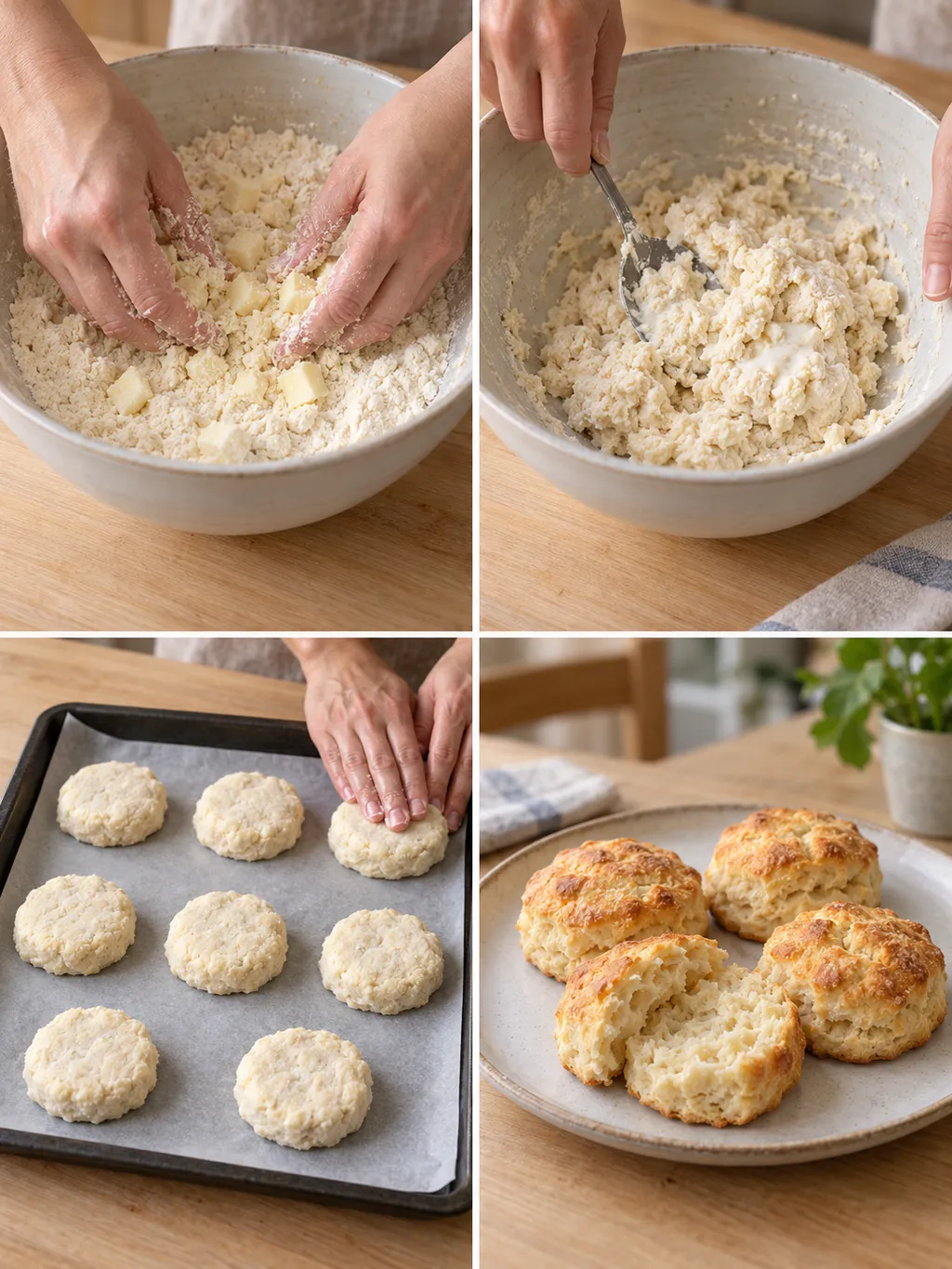 Smör nyps in, deg blandas och scones formas, följt av färdiga gyllene bröd