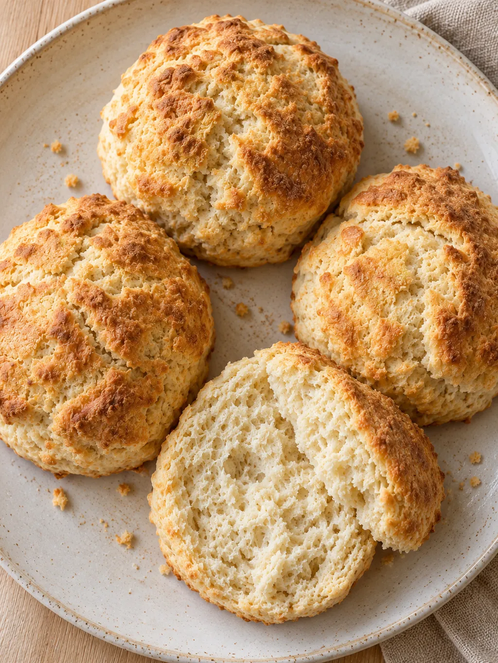 Gyllene små scones med ett delat bröd och mjukt ljust inkråm på ett keramikfat