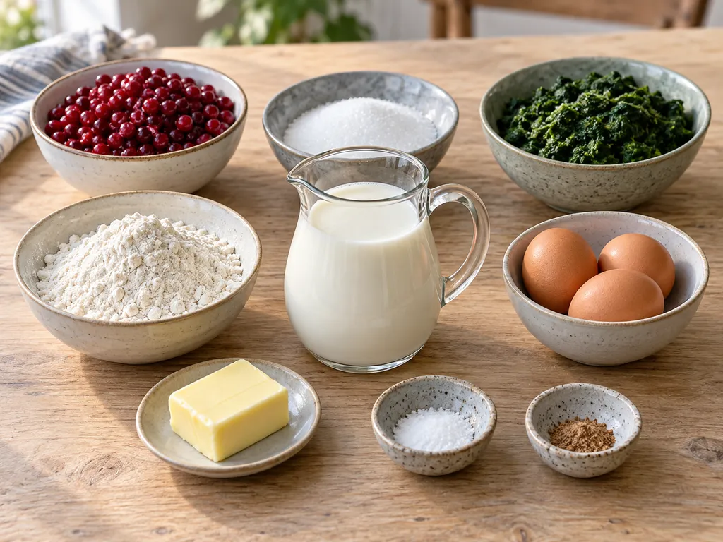 Spenat, mjöl, mjölk, tre ägg, smör, lingon, socker, salt och muskot