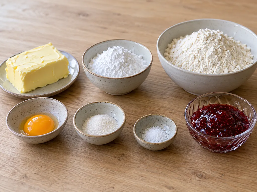 Smör, florsocker, vaniljsocker, äggula, vetemjöl, salt och hallonsylt