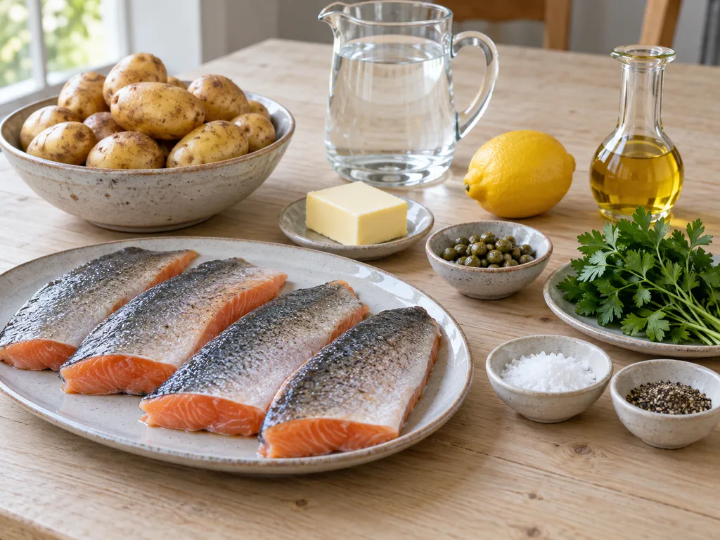 Rödingfiléer, mandelpotatis, smör, citron, kapris och persilja på ett ljust bord