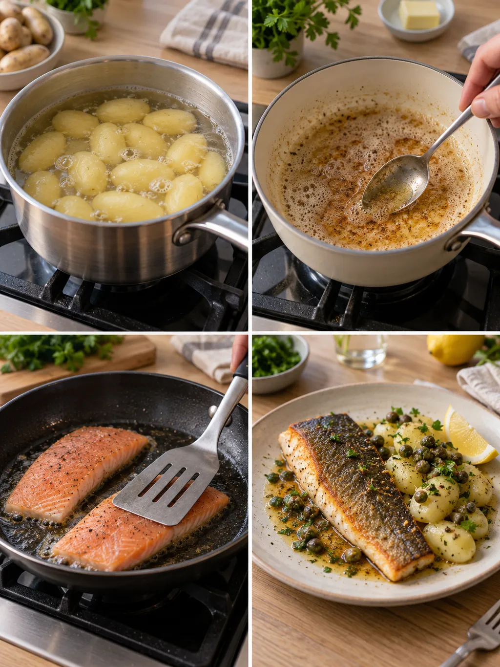 Potatis sjuder, smör bryns och röding steks före servering med kapris och citron