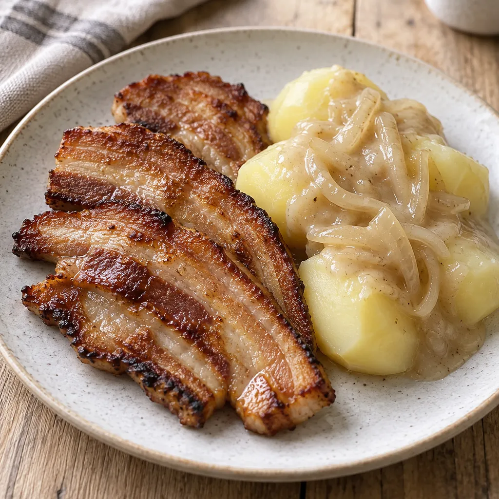 Stekt fläsk med knapriga kanter, löksås och kokt potatis på en ljus tallrik