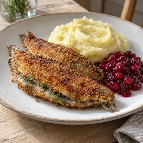 Rågpanerade strömmingsflundror med dill, potatismos och rårörda lingon