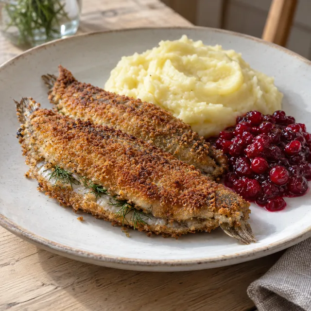 Rågpanerade strömmingsflundror med dill, potatismos och rårörda lingon