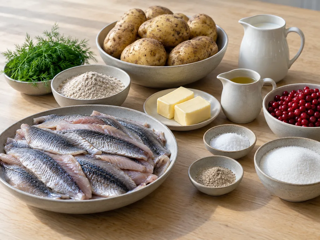 Strömming, dill, rågmjöl, potatis, mjölk, smör och lingon inför tillagningen