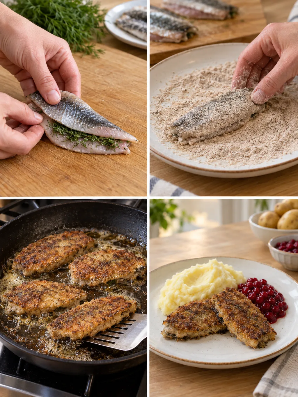 Strömming fylls med dill, rågpaneras, steks och serveras med mos och lingon