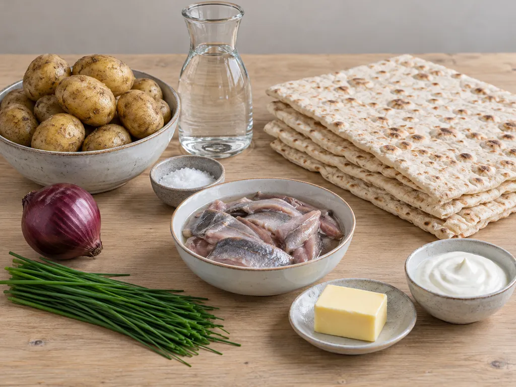 Mandelpotatis, surströmming, rödlök, tunnbröd, smör, gräddfil och gräslök