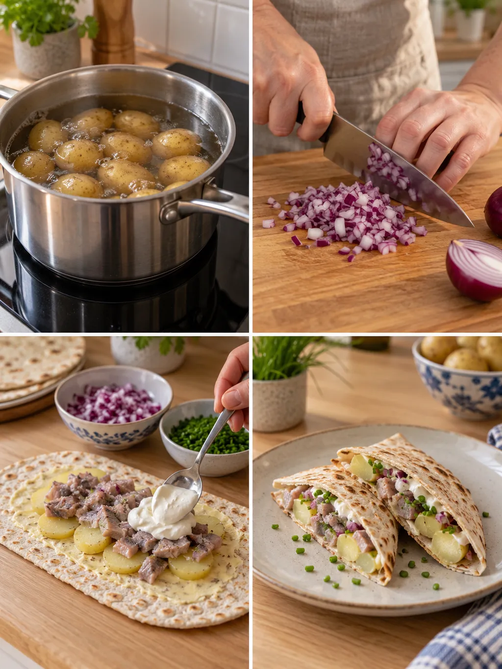 Potatiskokning, hackad rödlök, fyllning av tunnbröd och färdig surströmmingsklämma
