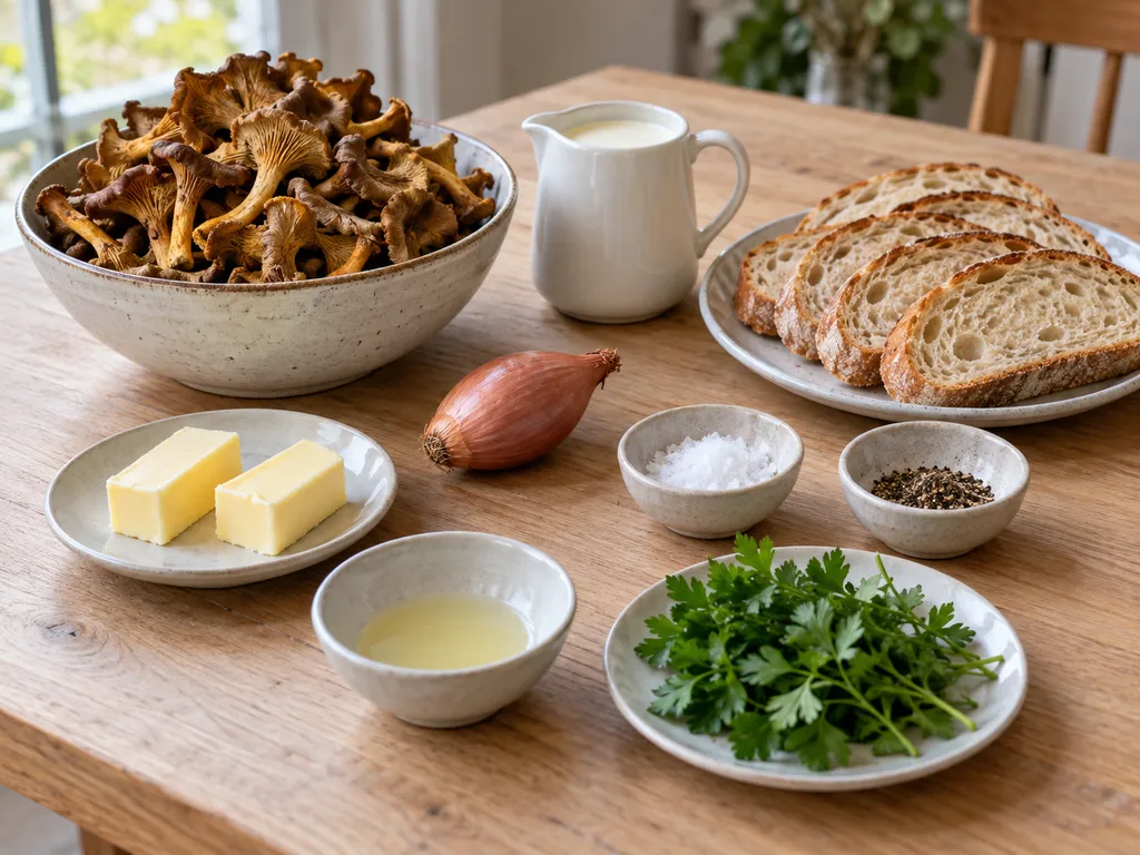 Trattkantareller, grädde, smör, schalottenlök, bröd, citronjuice, persilja, salt och peppar