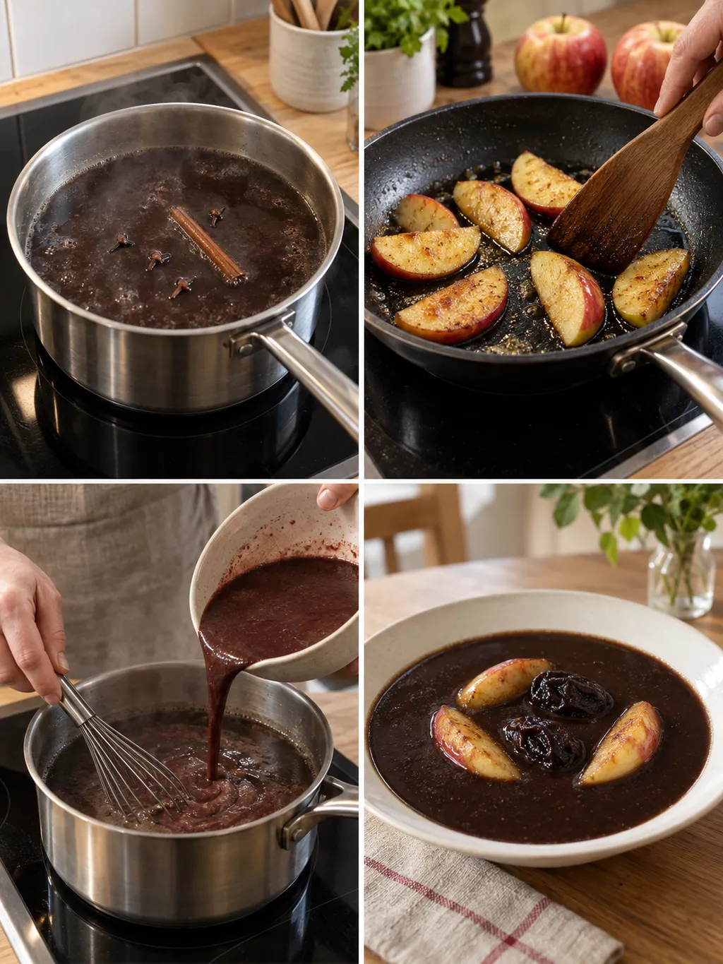 Kryddad buljong, stekta äpplen, blodblandning och färdig svartsoppa
