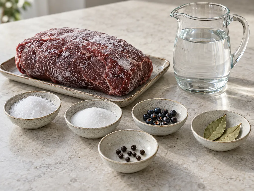Fryst älgstek med salt, socker, enbär, lagerblad, svartpeppar och vatten