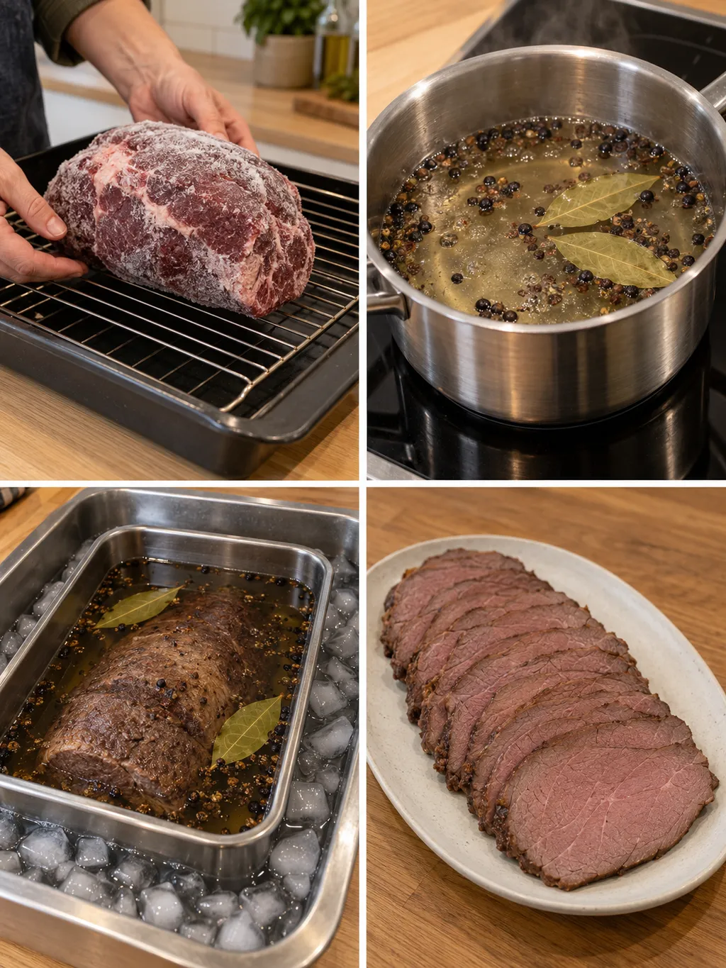 Älgstek tillagas, kryddlag kokas och köttet kyls innan tjälknölen serveras