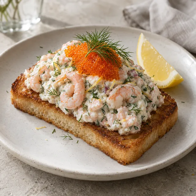 Toast Skagen med löjrom, dill och citron på gyllene smörstekt bröd
