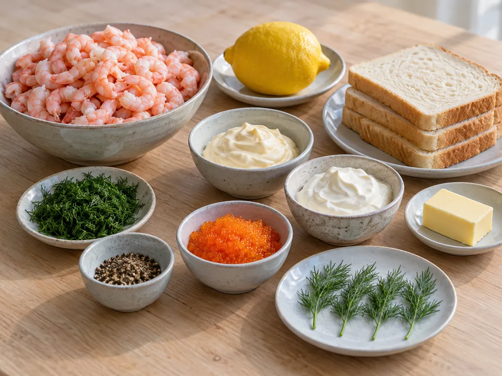 Kokta räkor, löjrom, dill, citron, majonnäs, crème fraiche, bröd och smör