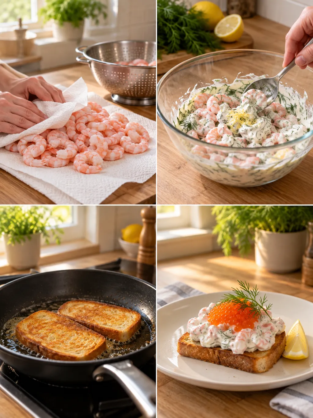 Räkor torkas och blandas, bröd smörsteks och Toast Skagen serveras med löjrom