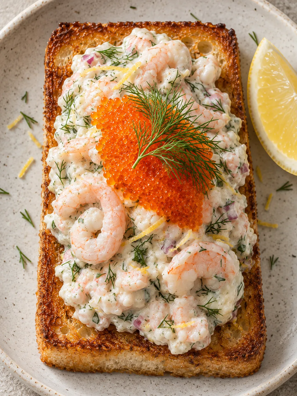 Toast Skagen med krämiga räkor, orange löjrom och dill sedd ovanifrån