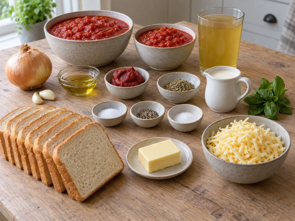 Tomater, lök, basilika, grädde, bröd, gouda och smör till soppa och ostmackor