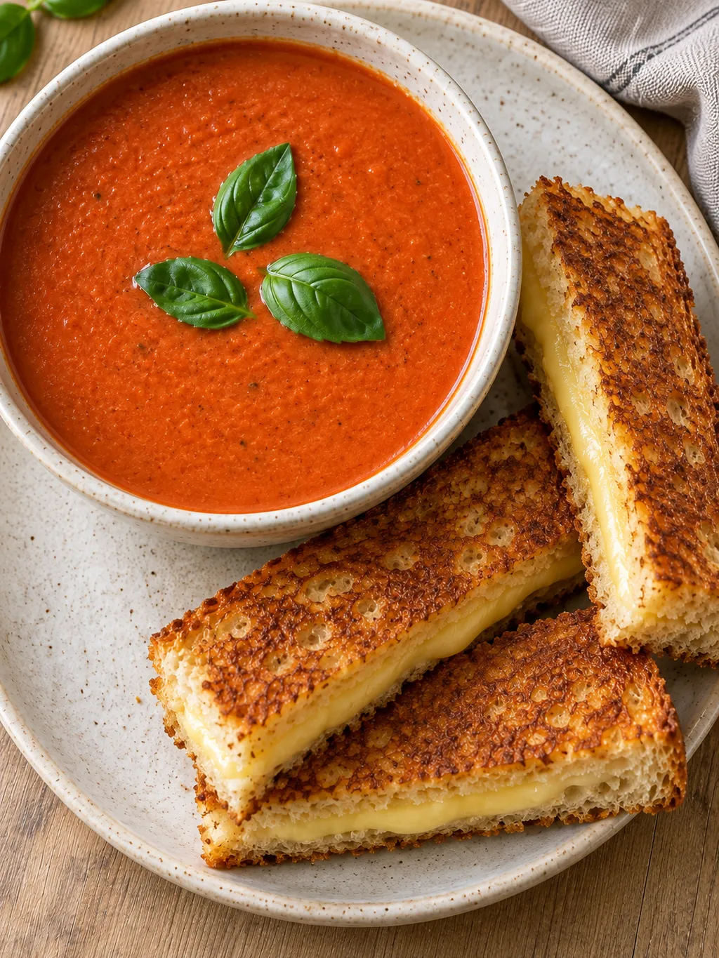 Tomatsoppa med basilikablad och frasiga ostmackestavar med smält gouda