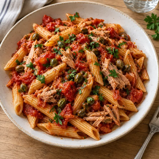 Penne med tomatsås, tonfiskbitar, grön kapris och hackad persilja