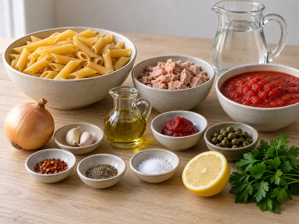 Penne, tonfisk, tomat, kapris, lök, vitlök, citron och persilja på en träyta
