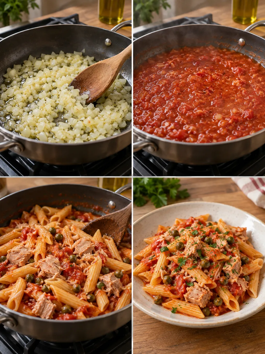 Lökfräsning, sjudande tomatsås, blandning med tonfisk och färdig tonfiskpasta