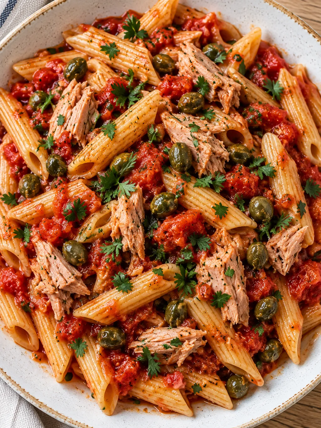 Tonfiskpasta med röd tomatsås, kapris och persilja på en ljus tallrik