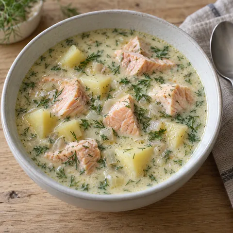 Tornedalsk laxsoppa med rosa laxbitar, potatis och hackad dill i en ljus skål