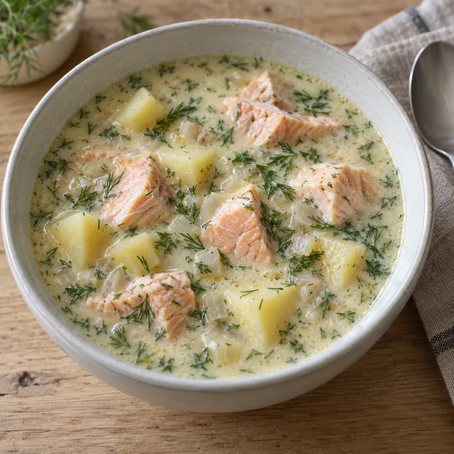 Tornedalsk laxsoppa med rosa laxbitar, potatis och hackad dill i en ljus skål
