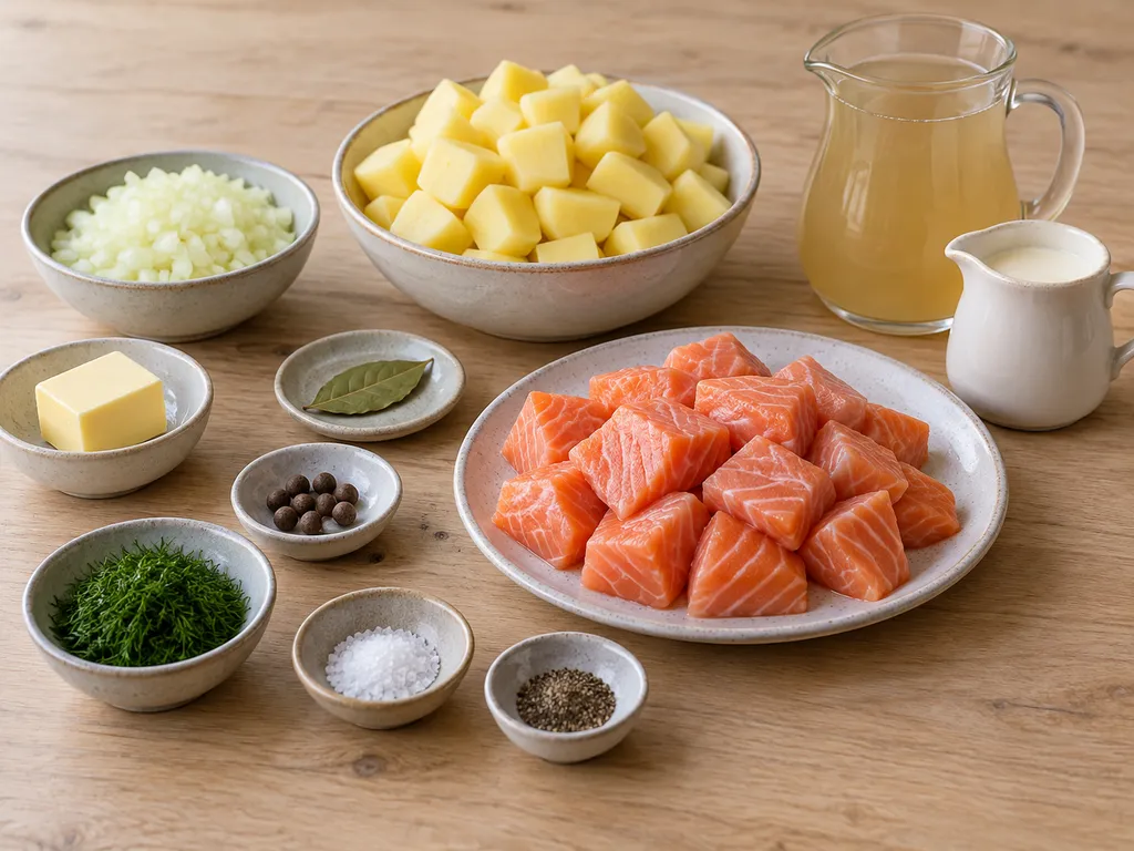 Lax, potatis, lök, grädde, buljong, dill och kryddor till tornedalsk laxsoppa