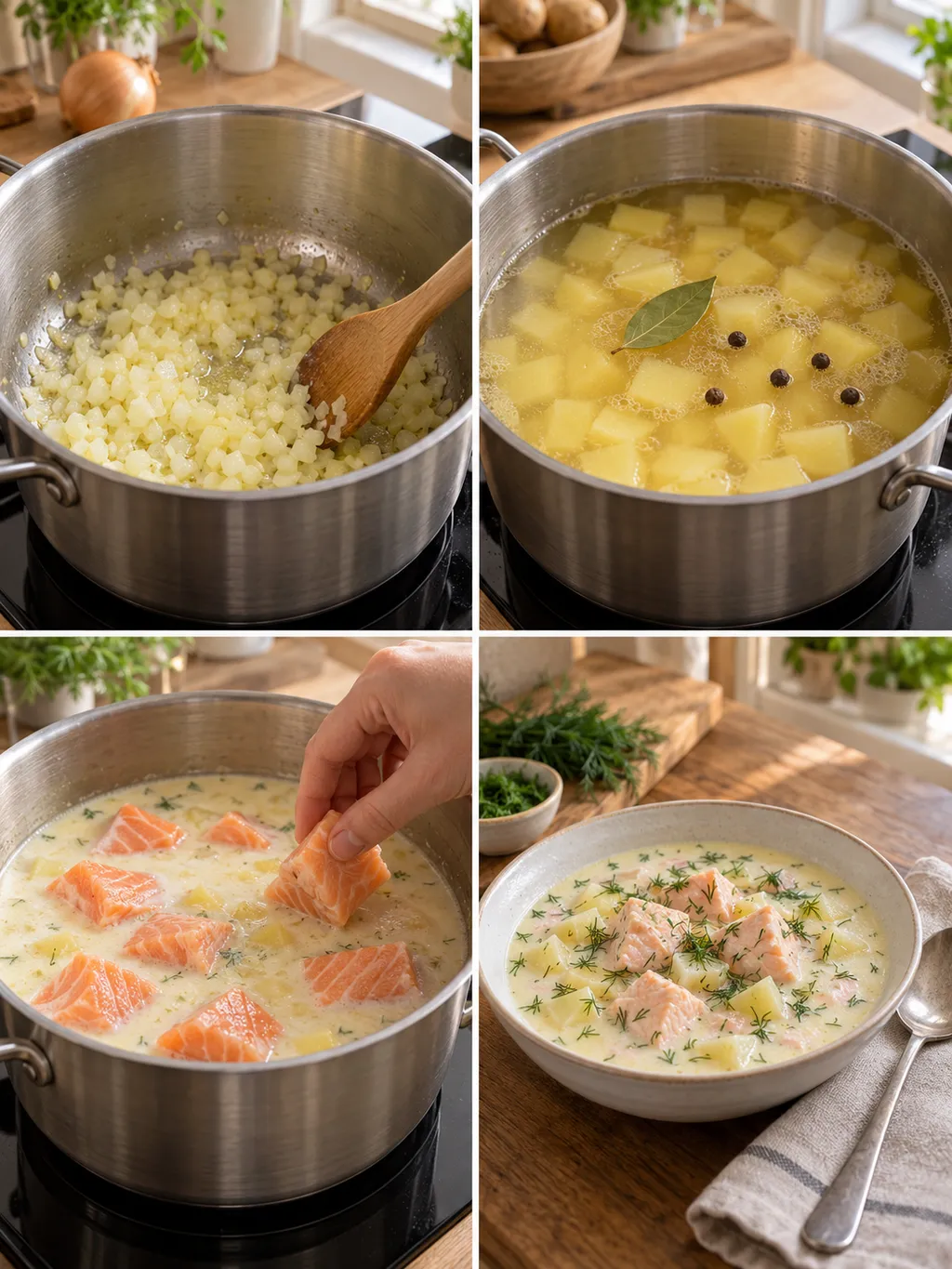 Lökfräsning, potatiskok, tillsatt lax och färdig laxsoppa med dill